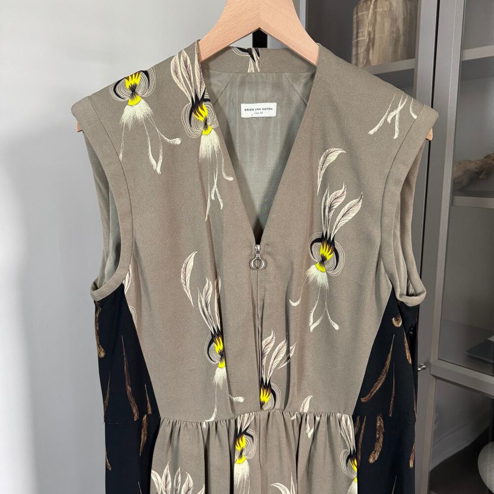 Dries Van Noten Midi Dress Large Feather Pleated Tan Black Yellow Sleeveless 42 - Picture 3 of 7